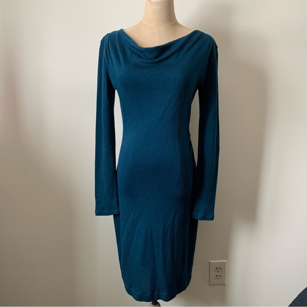 Banana Republic Teal Wool Blend Ruched Cowl Neck Midi Dress